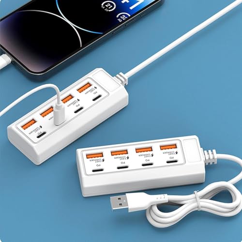 Image of 8-Port USB Charging Hub, 25W Fast Charger with 4 PD USB-C and 4 USB-A Ports, White, for Phones and Tablets