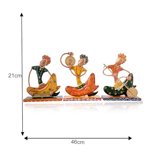 Image of Handcrafted Metal Nagpuri Musician Showpiece Set | Traditional Tribal Musician Figurines for Home Decor, Living Room, Office Table, Shelf & Gift | Multicolor | Set of 3**