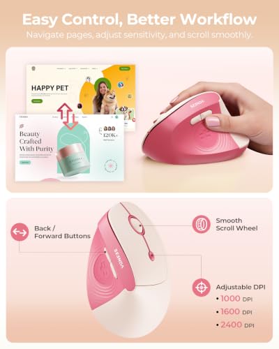 Image of seenda Ergonomic Wireless Mouse, MOU200 Vertical Bluetooth Mouse with 2.4G USB Receiver, Dual Bluetooth, Quiet Clicks, 52 Grip, 3-Level DPI, 116g Right Hand Mouse for Laptop PC Mac Android, Hot Pink
