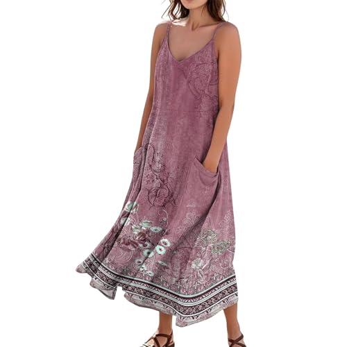 Vestido Largo Mujer Verano Maxi Playa Casual Ajuste Holgado Sin Mangas Vestidos Cuello V Tirantes Finos Dresses Largos Playeros Informal con Bolsillos Morado 2XL
