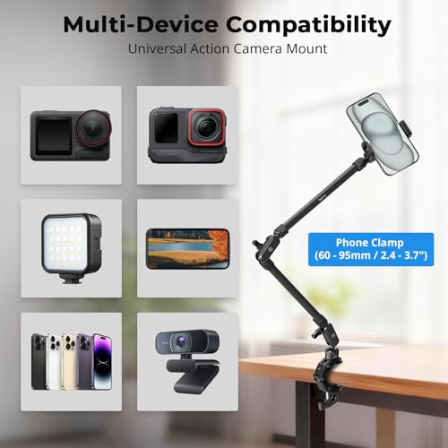 Image of SMALLRIG 26 inch Magic Arm with Super Clamp, Overhead Phone Mount w /Cable Clip | Flexible Desk Camera Mount with 1 /4 inch Screw and Cable Clip, Max Load 2.2lb, for iPhone /Action Camera /Video Light /Webcam /Mic