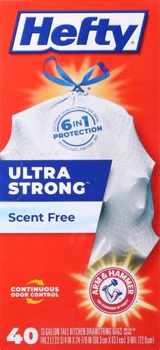 Image of Hefty Ultra Strong 13 Gallon Trash Bags, Tall Kitchen Trash Bags 13 Gallon Size, Drawstring Closure, Continuous Odor Control, White, Unscented, 40 Bags (Pack of 6)