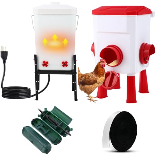 Afarnook 4 Pcs 3 Gallon 2 in 1 Heated Chicken Waterer with Heated Stainless Steel Table 26 Pounds Automatic Chicken Feeder Waterproof Outlet Box Pipe Insulation Tape Wrap for Winter Chick Coop