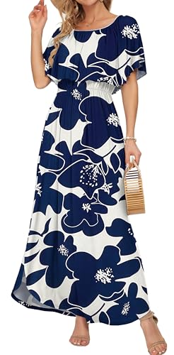 Image of AUSELILY Womens Off Shoulder Ruffle Split Summer Maxi Dresses with Pockets | Off-shoulder Ruffle dress with empire waist & side split for summer beach and casual parties