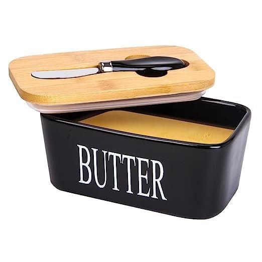 L'eanourz® Ceramic Butter Dish with Bamboo Lid and Stainless Steel Knife – Large Airtight Butter Container for Countertop & Fridge – Modern Kitchen Decor (Black)