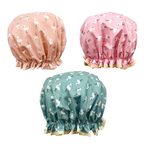Bonnet de douche avec élastique double couche imperméable, bonnet de Bain réutilisable et lavable pour les femmes et les filles de toutes les longueurs de cheveux (3 Pièces)