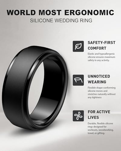 Image of Egnaro Men's Silicone Wedding Rings: Classic Black Step Edge Rubber band 10mm Wide 2.5mm Thick- Hypoallergenic for Gym /Outdoor /Gift(1 /4 /7 Variety Pack with Half Size)