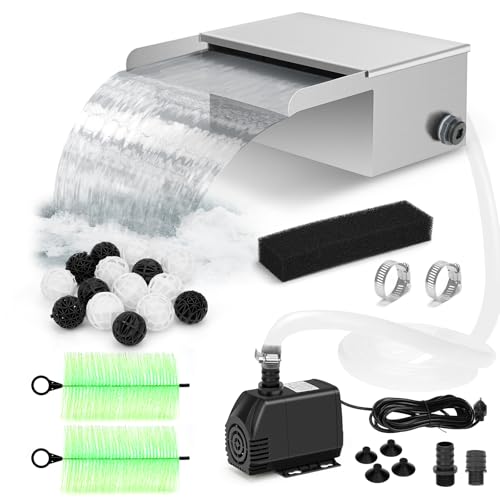 Pond Waterfall Spillway Kit with Filter Media & 800 GPH Pump 304 Stainless Steel Waterfall Box 9.8FT Hose Complete Pond Kit for Outdoor Ponds Koi Ponds Fountain (11.8L x 12W x 5.1H)