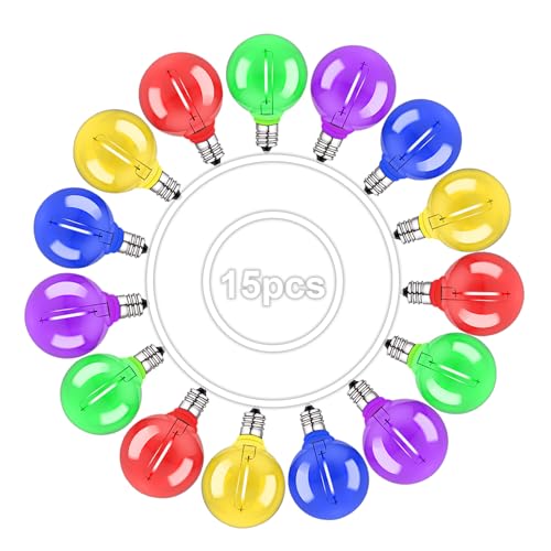 RCVEHO G40 LED Bulbs Outdoor - 15 Count G40 Bulbs Plastic Shatterproof, Energy Saving 0.6W Bulb 220V~240V Powered, Globe E12 Screw Bulbs 5 Color for Indoor Outdoor String Lights (Bulb Size: 4X6CM)