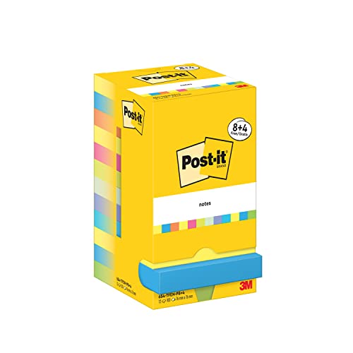 Post-it Notas Colección Energetic Color - Paquete de 8 Blocs + 4 Gratis, 100 Hojas por Bloc (76 mm x 76 mm) - Amarillo, Azul, Rosa y Verde - Adhesivas para Listas de Tareas y Recordatorios