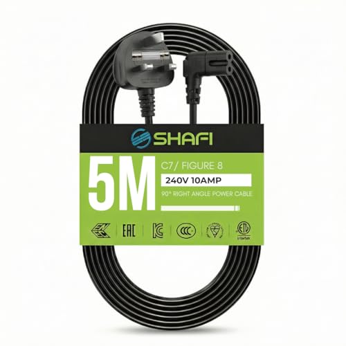 SHAFI Figure 8 Power Lead 5M - 2-Pin 90 Degree Angle IEC C7 Universal UK Plug Power Cable - Compatible with PS5, Xbox Series X, Smart LED TV, Samsung, LG, Sony TVs
