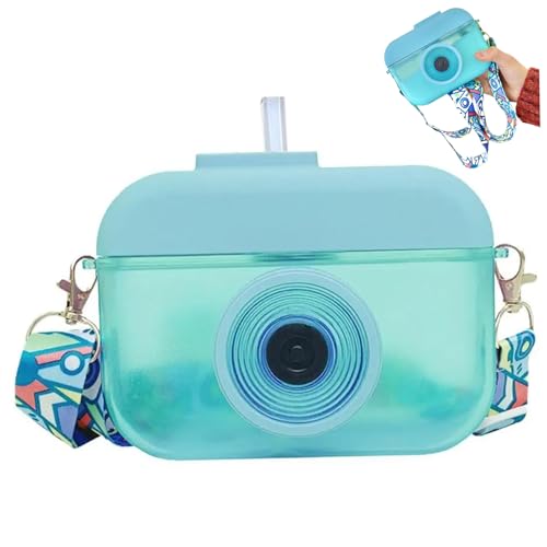 KUYYFDS Water Bottle with Straw 13.5Oz Camera Water Bottle Leak-Proof Cute Water Bottle BPA Water Bottle with Adjustable Shoulder Strap, Blue