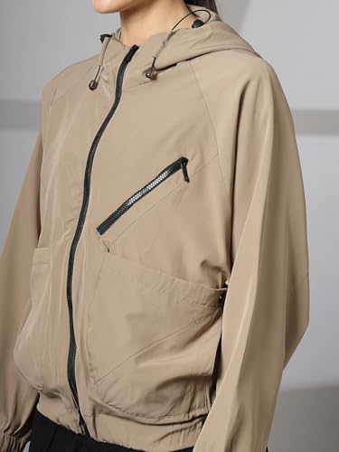 Image of CHKOKKO Womens Stylish Oversized Windcheater Jacket with Zip Closure Lightweight Sportswear for Running Travel Hiking Outdoor and Rainy Season Wear Khaki 3XL