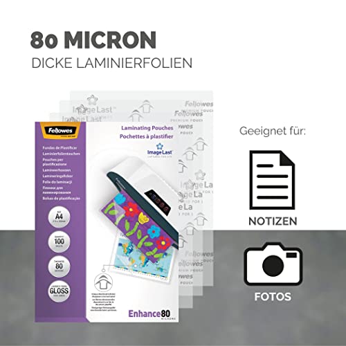 Fellowes Laminierfolien A4, glänzend, Laminierfolie mit 80 mic pro Seite, mit ImageLast Ausrichtungshilfe, für Heißlamination, Sparpack mit 500 hochwertigen Laminierfolien (5 Pack à 100 Stück)