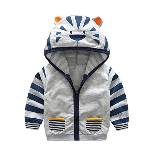 Kids Baby Boys Hooded Zipper Coat Jacket Cute Cartoon Animal Tiger Fall Winter Spring Clothes Gray