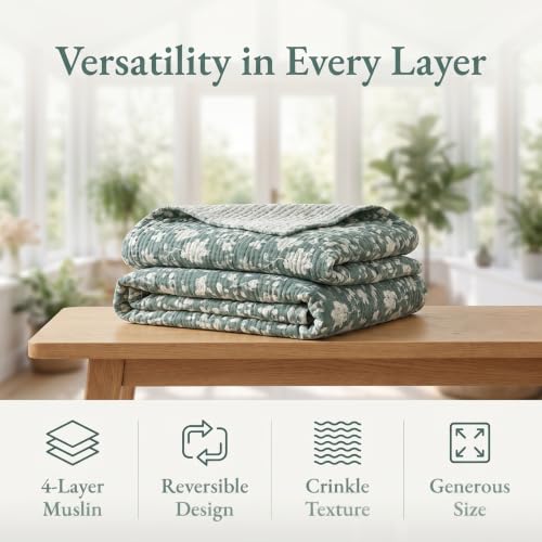 Image of Queen 100% Cotton Muslin Blanket with Tassel All Seasons Sage Green 4-Layer | Breathable, Soft & Lightweight, Crinkle Texture, for Bed, Couch, Throw, Shawl, for Hot Sleepers, Home Decor