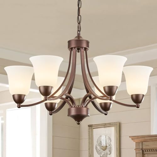 Image of 6 Light Oil Rubbed Bronze Dining Room Light Fixture Farmhouse Modern Chandelier Pendant Light Bronze 47.2''Adjustable Ceiling Hanging Lighting with Frosted Glass for Kitchen Island Living Room Foyer