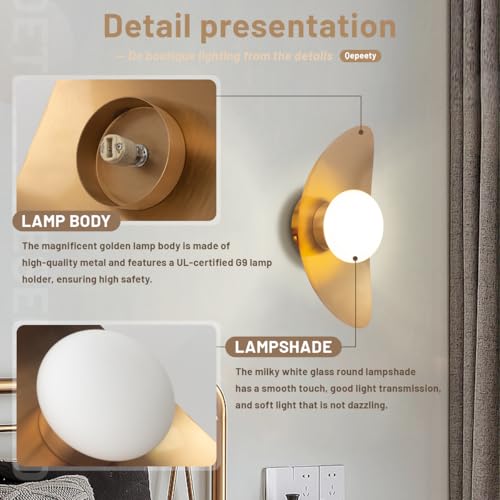 Image of Mid Century Gold Wall Sconce, 13.8 inch Modern Wall Lamp with Opal White Glass Globe, Retro Pendant Light for Living Room Entryway Vanity Bedroom