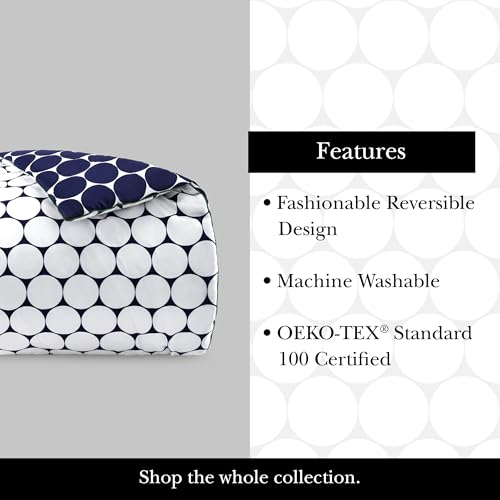 Image of kate spade new york Joy Dot Full /Queen Comforter Set, 300 Thread Count and 100% Cotton Cover, All Season 3 Piece Reversible Bedding Set, Machine Washable, Navy and White