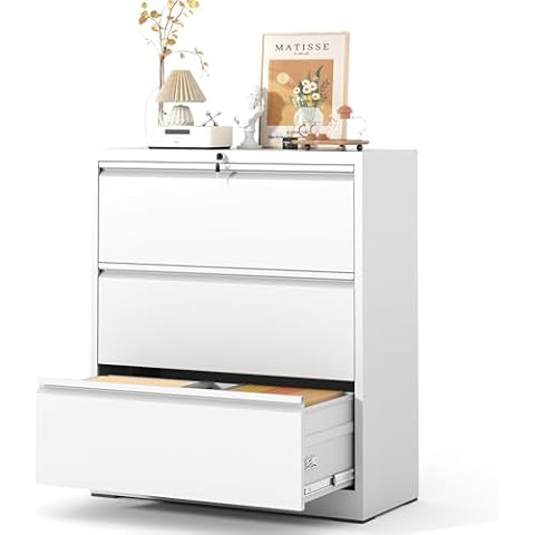 EKJ 3 Drawer Lateral File Cabinet with Lock, Metal Lateral Filing Cabinet for Home Office, Steel Wide Horizontal Filing Cabinets for Letter/Legal/A4/F4 Hanging Files (White) Cover