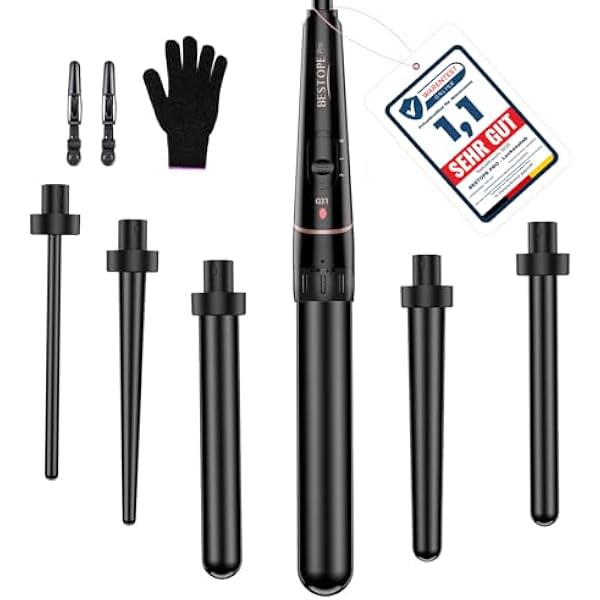 BESTOPE PRO 6 w 1 lokówka do włosów, duże loki i małe, lokówka z różnymi końcówkami, rękawiczki, regulacja temperatury, czarna
