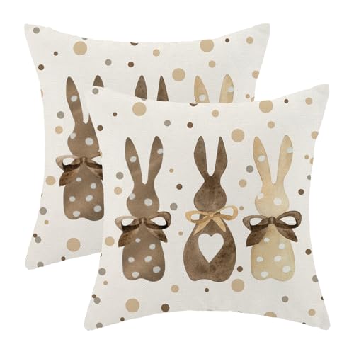 CXMEIFLY Easter Pillow Covers 18x18 Inch Set of 2 for Vintage Polka Dots Bunny Decor Throw Pillows Spring Bow Rabbit Outdoor Farmhouse Decorative Cushion Cases for Couch Bed Decoration