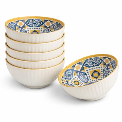 Image of Bohemian Porcelain Bowls Set of 6 | 300 ml Microwave & Dishwasher Safe | Designer Soup, Cereal & Snack Bowls for Daily Use