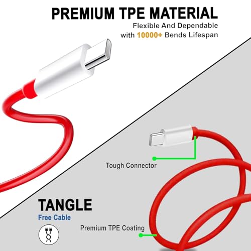 Image of Oneplus Original Type C to C Cable 65W Dash /Warp /SuperVooc Charging Data Cord [10V /6.5A] Compatible with OnePlus 12 /12R /11 /11R 5G /10R /10T /9 /9R /9 Pro /9RT /8T /Nord Series, USB C Charger Adapter Cord, Red