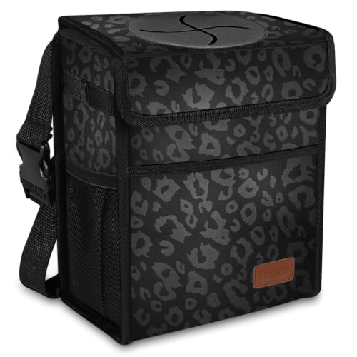 Image of Femuar Leak Proof Car Trash Can with Lid, Collapsible Hanging Waterproof Car Trash Bag with Mesh Pocket for SUV Front Seat Headrest, Black Leopard