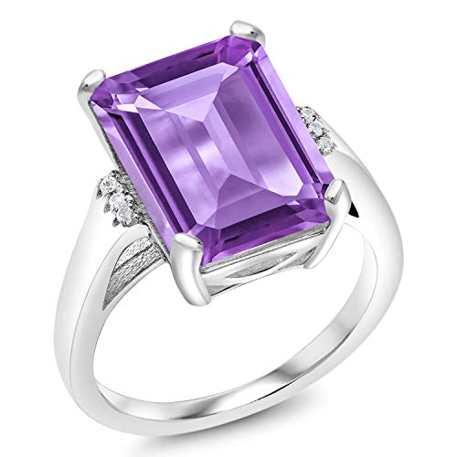 Gem Stone King 6.32 Cttw Purple Amethyst Engagement Ring For Women | 925 Sterling Silver | Emerald Cut 14X10MM | Gemstone Birthstone | Available in size 5, 6, 7, 8, 92
