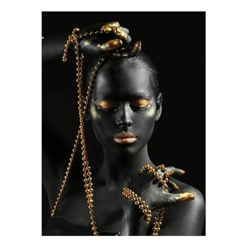 Peinture sur toile femme africaine or et noir triptyque moderne art mural de prestige - 3