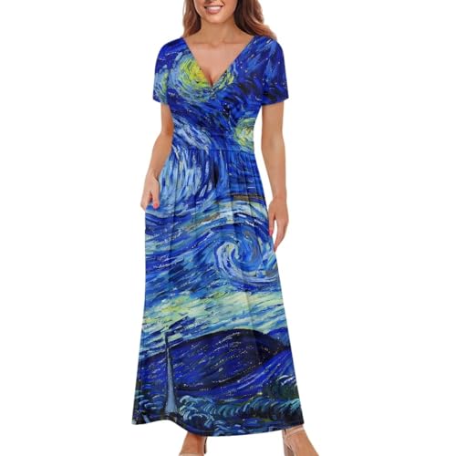 ZWPINITUP Casual Loose Short Sleeve Dress for Women, Ankle Length Dress, Breathable and Stretchy, High Waist Swing Dress, Starry Night