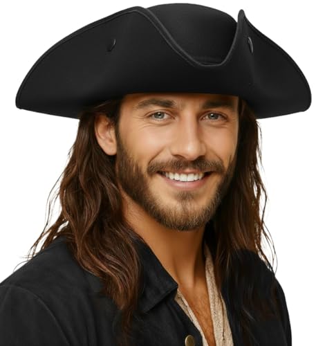 Nicky Bigs Novelties Black Pirate Hat For Women and Men, Adult Colonial Three Cornered Cocked Tricorn Hat For Adults, Buccaneer Cap, Pirate Accessories Women and Men