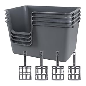Zopnny 4 Sets Extra Large Litter Boxes for Big Cats Dogs with Scoops Open Top Cat Litter Basin 128 Inch High Sides Pet Litter Container Grey