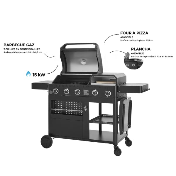 Cook'in Garden - Barbecue Gaz FLAMY, 3 en 1, Plancha + Four à Pizza + barbecue gaz 3 brûleurs, Grilles en fonte émaillée