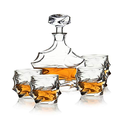 5-tlg Whisky Set Karaffe 750 ml und 4 Whiskygläser 330 ml - zum Geburtstag und Vatertag - Geschenke für Männer - bleifreier Whiskey Dekanter und Tumbler - BPA-Frei
