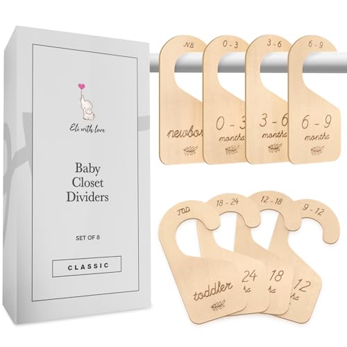 Image of Eli with Love Baby Closet Dividers (Classic) - 8 Premium Wood Double Sided Baby Closet Size Dividers - Ideal Baby Clothes Dividers for Closet – Organize Nursery Closet Hangers by Size/Age