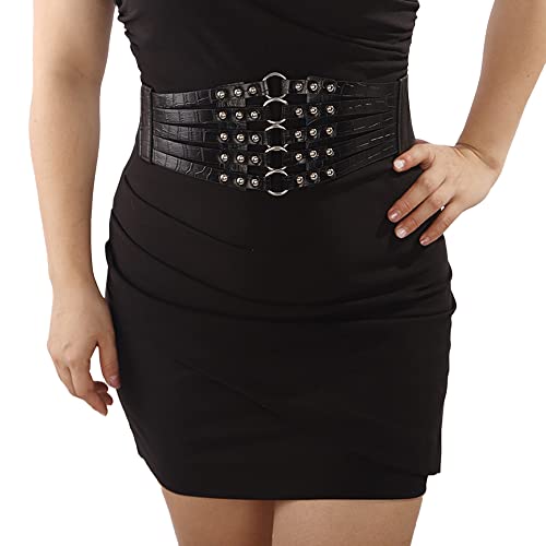 Jumwrit Pu Leather Wide Waist Belt Layered Hollow Out Rivets Cinch Belt Fashion Dress Tied Corset Elastic Stretch Wrap Around Waistband for Women(Black)