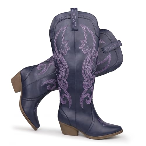 Hawkwell Women's Cowboy Cowgirl Boots Slip On Pointed Toe and Block Heel Shoes with Classic Embroidered Pull On Tall Boot for Ladies Dress Western Knee High Boots
