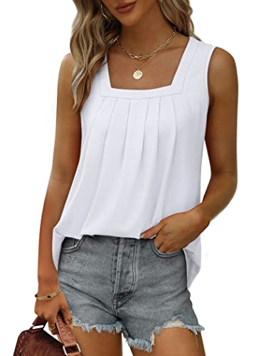 Image of Saloogoe Summer Tank Tops for Women Loose Fit Pleated Square Neck Sleeveless Tops Curved Hem Flowy