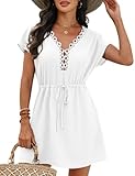 CiCiBird Womens Swimsuit Coverup Sexy Lace Crochet V Neck Cover Up Bathing Suit Beach Dress for Swimwear White Medium