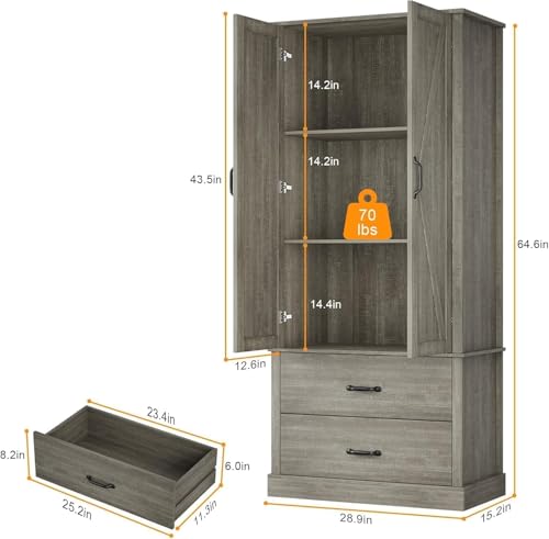 GarveeHome Kitchen Pantry Cabinet, Farmhouse Storage Cabinet with Barn Doors, Drawers and Adjustable Shelves, Versatile Storage for Kitchen, Dining Room, Rustic Grey