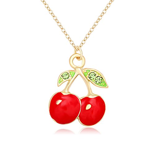 MANZHEN Summer Chic Necklace Gold Tone Enamel Red Crystal Cherry Pendant Necklace/Fruit Earring (Necklace-Gold)