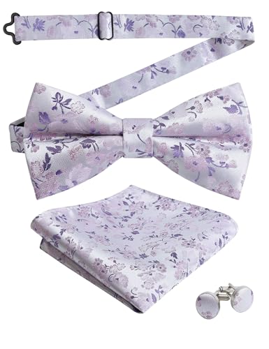 Alizeal Mens Floral Pattern Pre-tied Bow Tie Pocket Square and Cufflinks Set Lavender