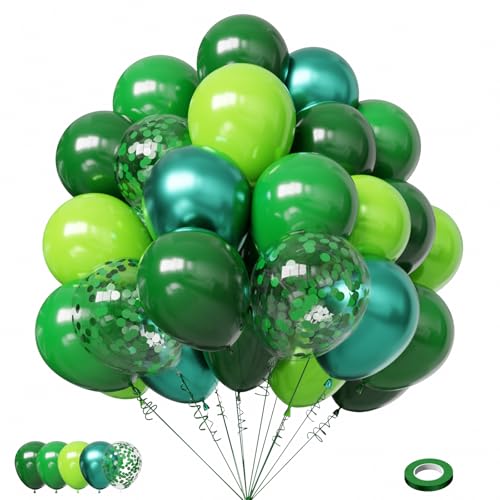Image of Lukiituke Green Balloons, 60Pcs Dark Green Birthday Balloons | 12in Latex Balloon for Birthday, Graduation, St. Patrick's Day, Jungle Forest Decoration