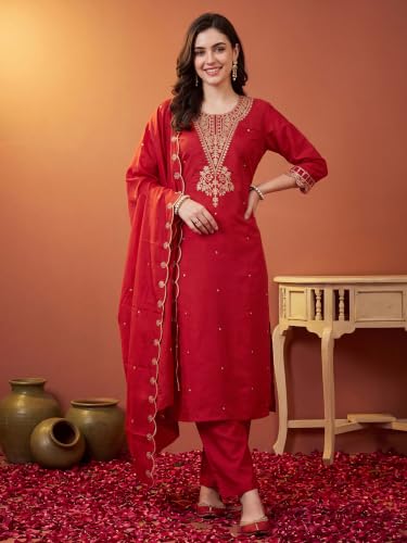 Image of INDO ERA Women's Silk Blend Embroidered Kurta & Pant with Dupatta Set | Kurta Sets For Woman