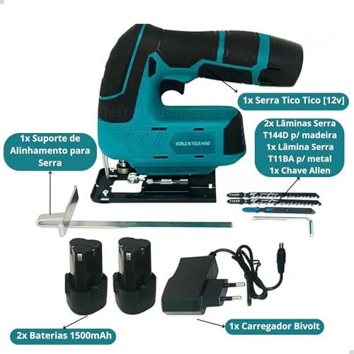 Serra Tico Tico 12v Recarregável 500w Bivolt 2 Baterias1500mAh 3 Laminas com Suporte