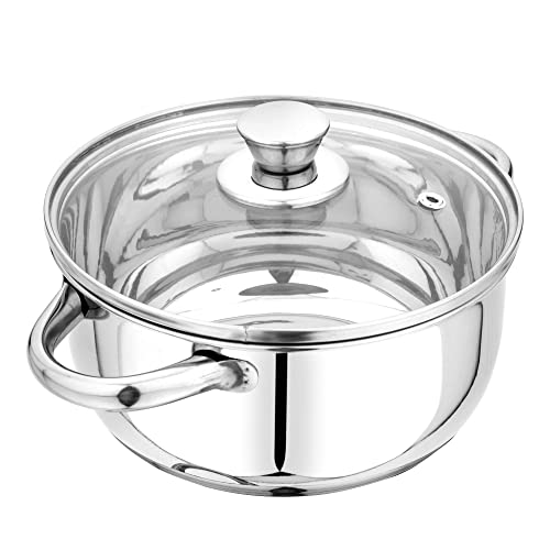 Image of Pristine Stainless Steel Tri Ply Induction Base Cook n Serve Casserole with Glass Lid, 14cm, (1L, Silver)