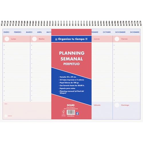 Dohe - Planificador Semanal Perpetuo - Planning de Sobremesa en Español Sin Fecha, Tamaño A3 (42x29 cm) Semana Vista Vertical, Espiral Doble Wire’o, Incluye Espacios para Notas y Planning Anual