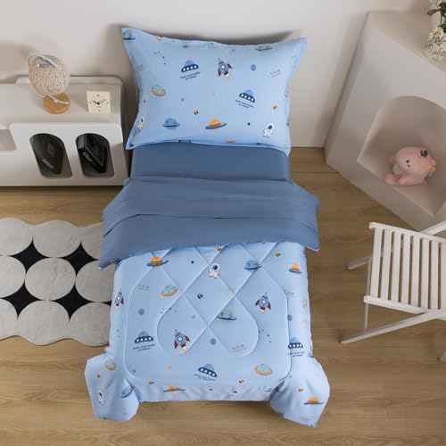 Image of Caressma 5 Pieces Twin Size Comforter Set Bed-in-a-Bag,Soft Comforter Print Spaceship for Kids,Includes Blue Comforter, Fitted Sheet, Flat Sheet,Pillow Case & Pillow Shame for All Seasons